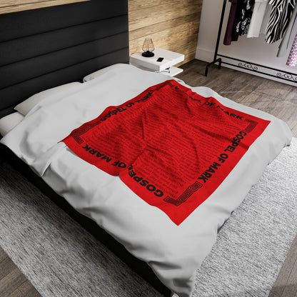 Gospel Plush Blanket, in Red Color, with Gospel of Mark Print, from "Four Gospels" Collection.
