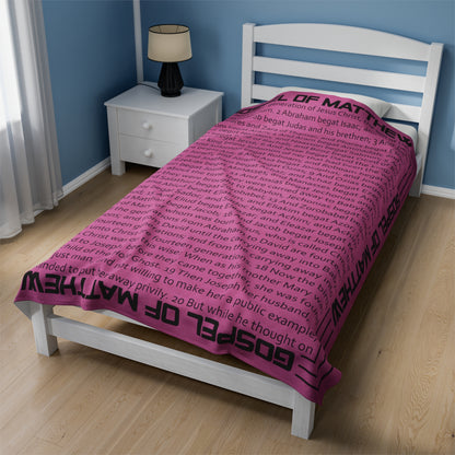 Gospel Plush Blanket, in Pink Color, with Gospel of Matthew Print, from "Four Gospel" Collection.