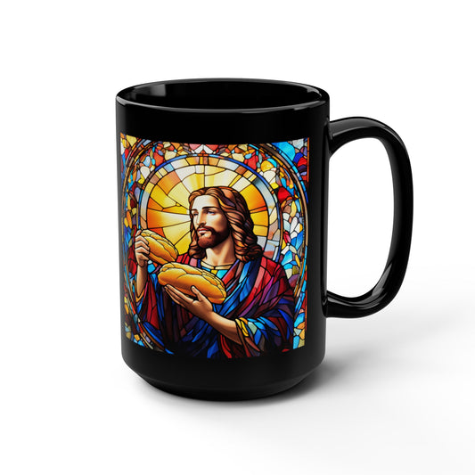 JESUS COFFEE MUG - John 6:35, Jesus Said I AM Stained-Glass Collection, 15 oz, black