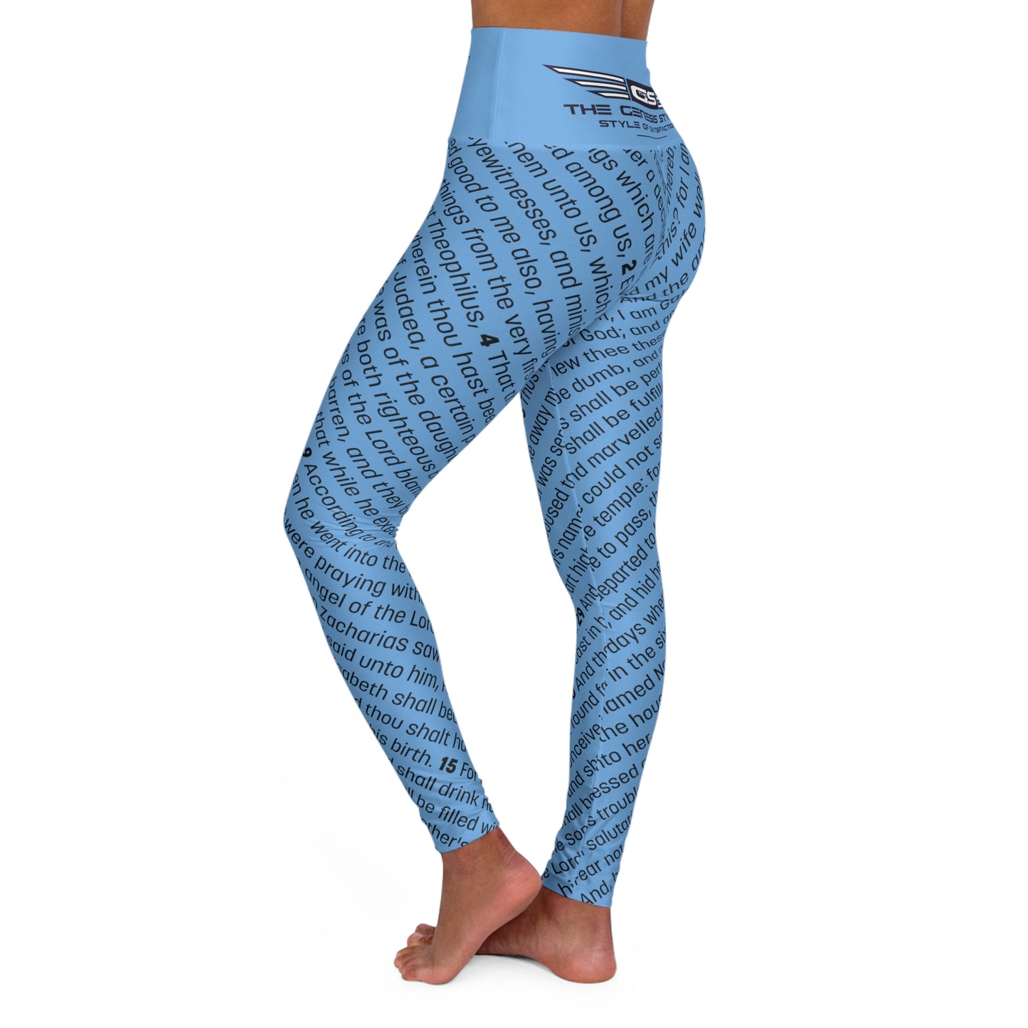 Luxury High Waisted Leggings for Prayer and Meditation, Running, or Exercise, in Sky Blue Color, with Gospel of Luke Print, from "Four Gospels" Collection.