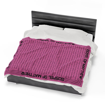 Gospel Plush Blanket, in Pink Color, with Gospel of Matthew Print, from "Four Gospel" Collection.