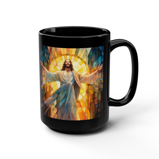 JESUS COFFEE MUG - John 8:12, Jesus Said I AM Stained-Glass Collection, 15 oz, black