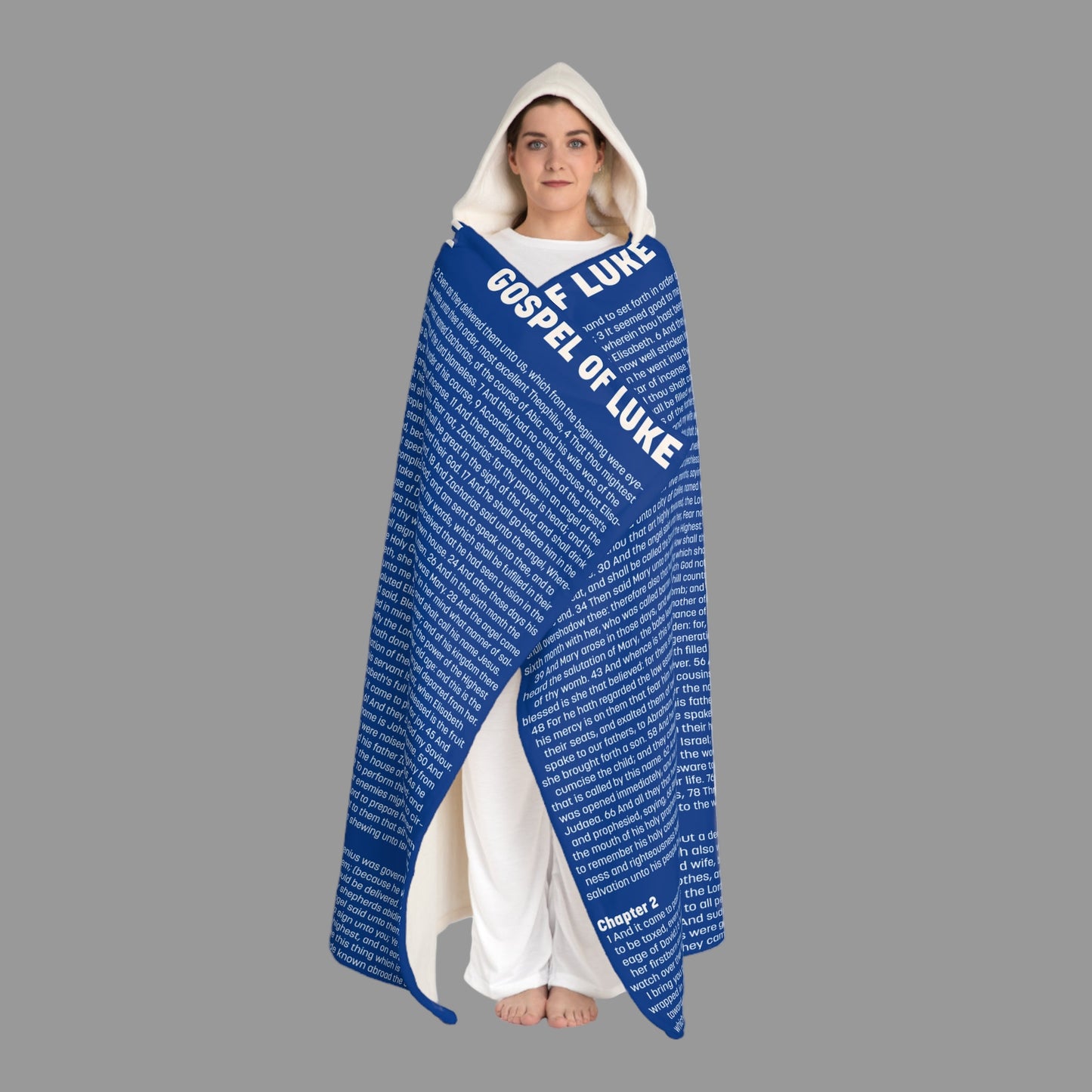 Gospel of Luke Hooded Sherpa Blanket – Cobalt Blue
