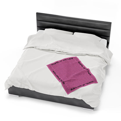 Gospel Plush Blanket, in Pink Color, with Gospel of Matthew Print, from "Four Gospel" Collection.