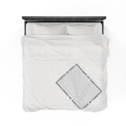 Gospel Plush Blanket, in White Color, with Gospel of John Print, from "Four Gospels" Collection.