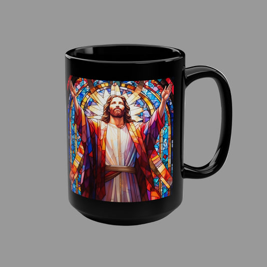JESUS COFFEE MUG - John 15:5, Jesus Said I AM Stained-Glass Collection, 15 oz, black