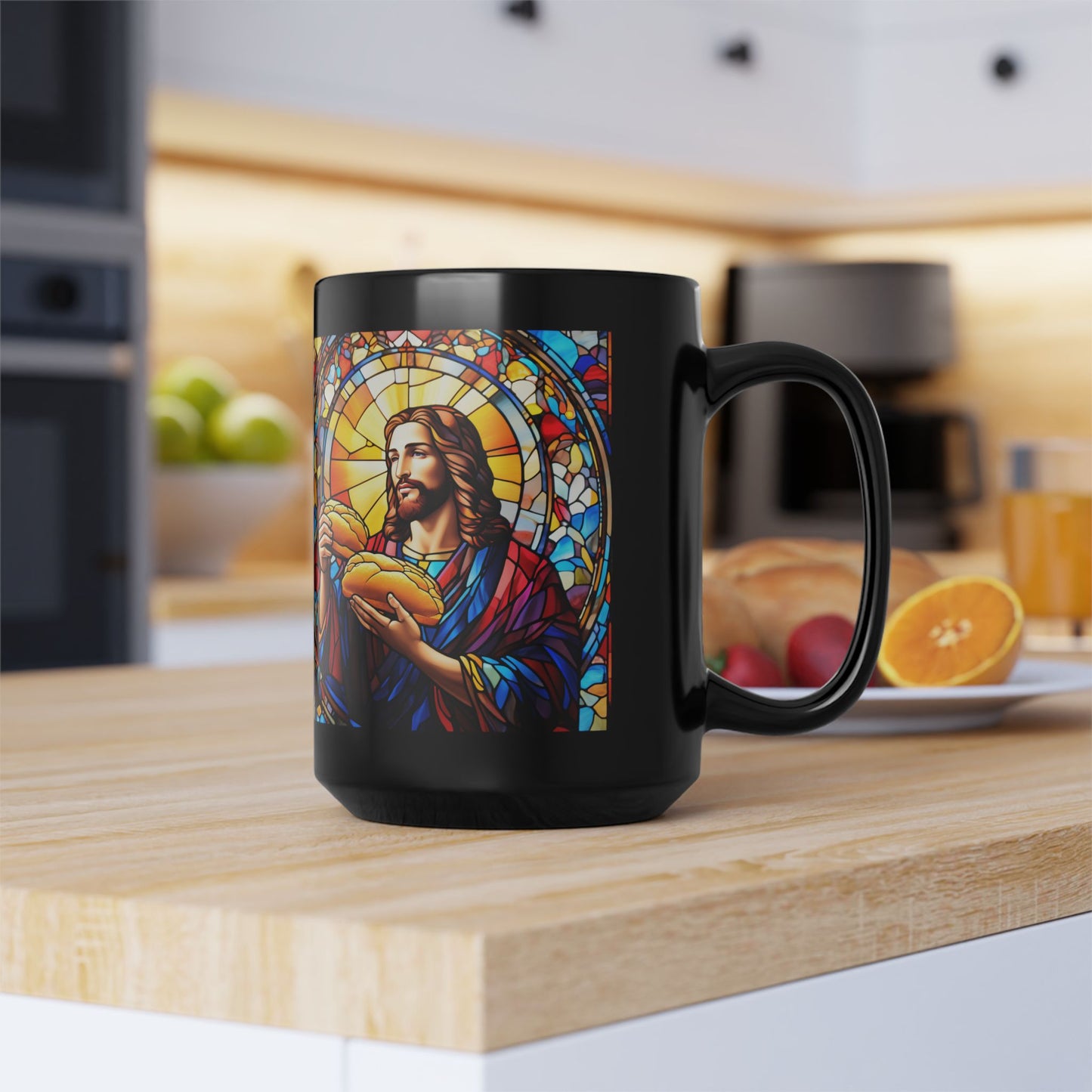 JESUS COFFEE MUG - John 6:35, Jesus Said I AM Stained-Glass Collection, 15 oz, black