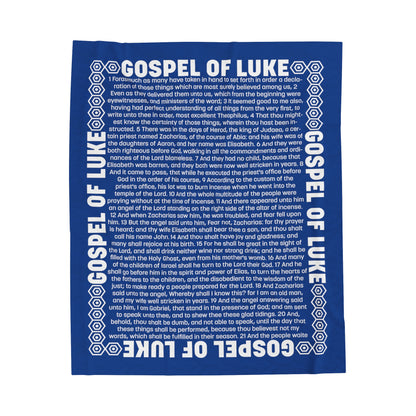 Gospel Plush Blanket, in Blue Color, with Gospel of Luke Print, from "Four Gospels" Collection.
