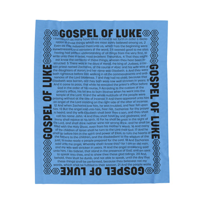 Gospel Plush Blanket, in Sky Blue Color, with Gospel of Luke Print, from "Four Gospels" Collection.