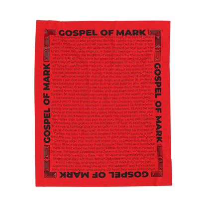 Gospel Plush Blanket, in Red Color, with Gospel of Mark Print, from "Four Gospels" Collection.