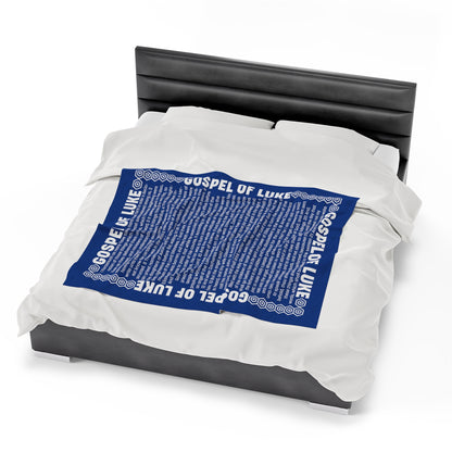 Gospel Plush Blanket, in Blue Color, with Gospel of Luke Print, from "Four Gospels" Collection.
