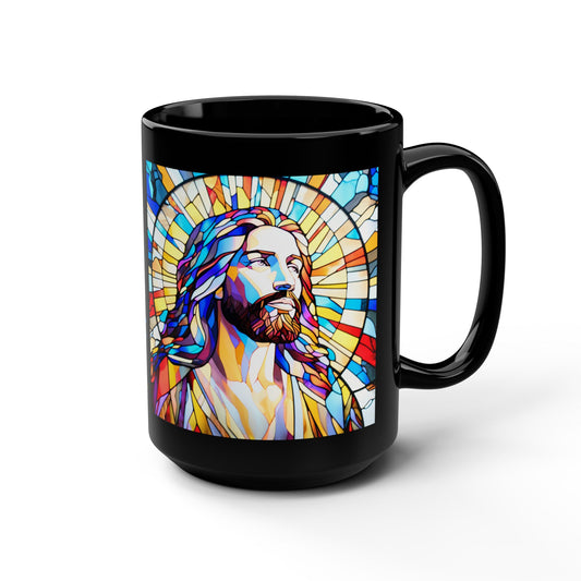 JESUS COFFEE MUG - John 8:12, Jesus Said I AM Stained-Glass Collection, 15 oz, black