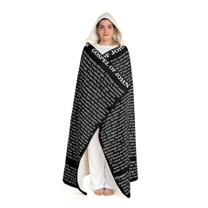 Biblical Hooded Sherpa Fleece Blanket, in Black Color, with Gospel of John Print, from "Four Gospels" Collection.