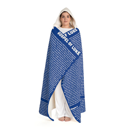 Biblical Hooded Sherpa Blanket, in Blue Color, with Gospel of Luke Print, "Four Gospels" Collection.