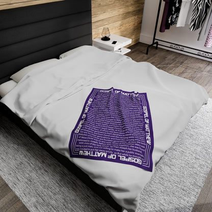 Gospel Plush Blanket, in Purple Color, with Gospel of Mathew Print, from "Four Gospels" Collection.