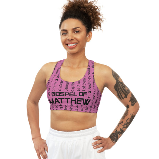 Seamless High Performance Sports Bra for Prayer and Meditation, Running, or Exercise, in Pink Color, with Gospel of Matthew Print, from "Four Gospel" Collection.