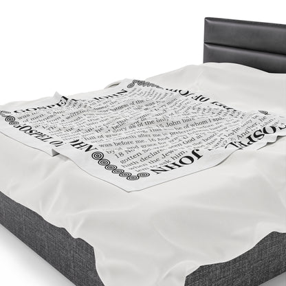 Gospel Plush Blanket, in White Color, with Gospel of John Print, from "Four Gospels" Collection.