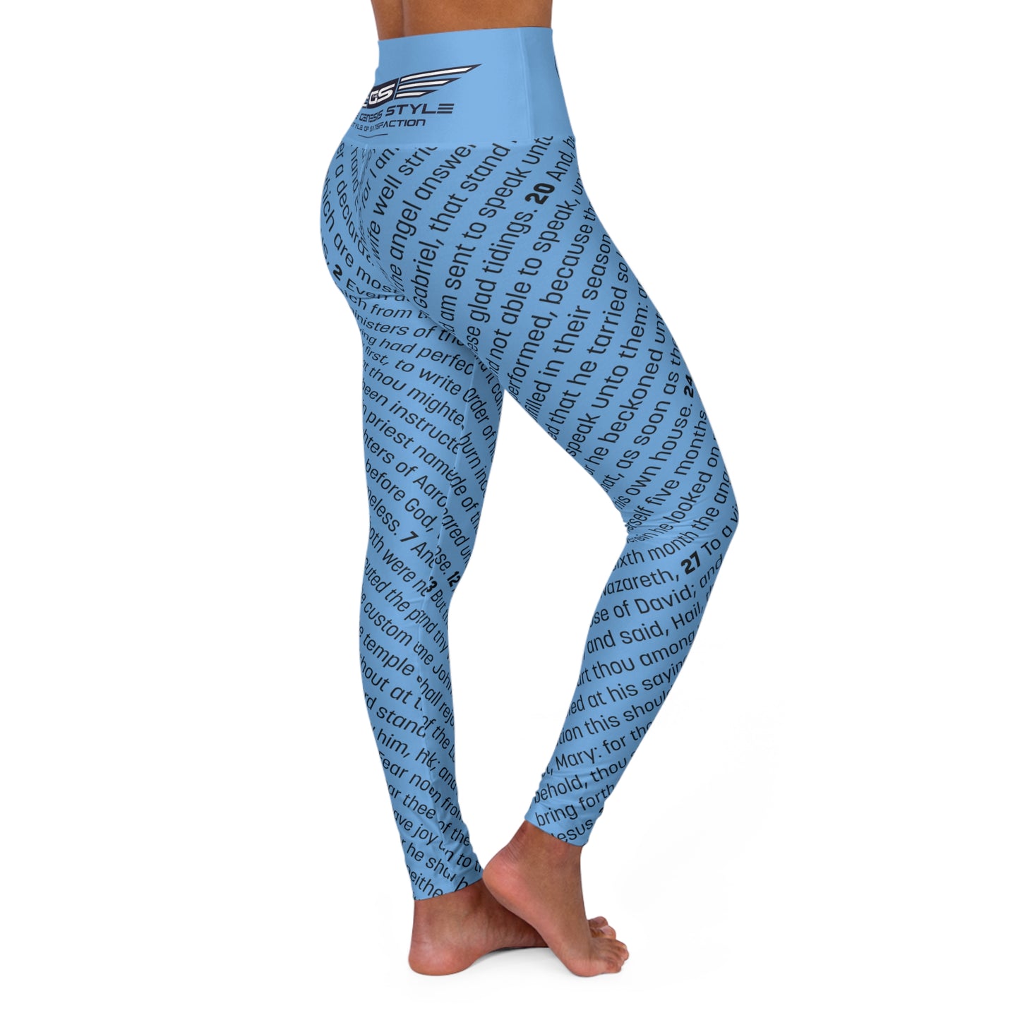 Luxury High Waisted Leggings for Prayer and Meditation, Running, or Exercise, in Sky Blue Color, with Gospel of Luke Print, from "Four Gospels" Collection.