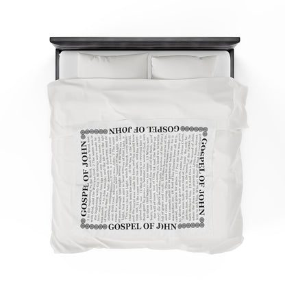 Gospel Plush Blanket, in White Color, with Gospel of John Print, from "Four Gospels" Collection.