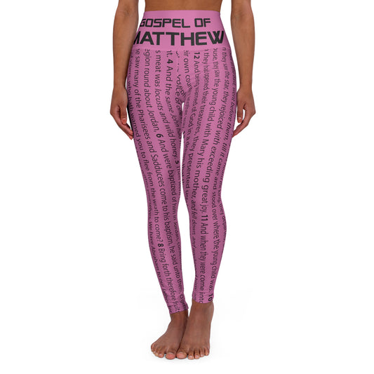 Luxury High Waisted Leggings for Prayer and Meditation, Running, or Exercise, in Pink Color, with Gospel of Matthew Print, from "Four Gospel" Collection.