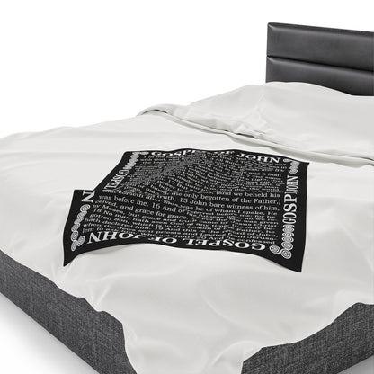 Gospel Plush Blanket, in Black Color, with Gospel of John Print, from "Four Gospels" Collection.