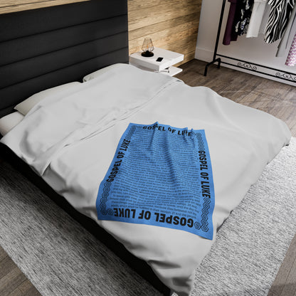 Gospel Plush Blanket, in Sky Blue Color, with Gospel of Luke Print, from "Four Gospels" Collection.