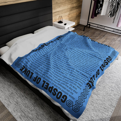 Gospel Plush Blanket, in Sky Blue Color, with Gospel of Luke Print, from "Four Gospels" Collection.