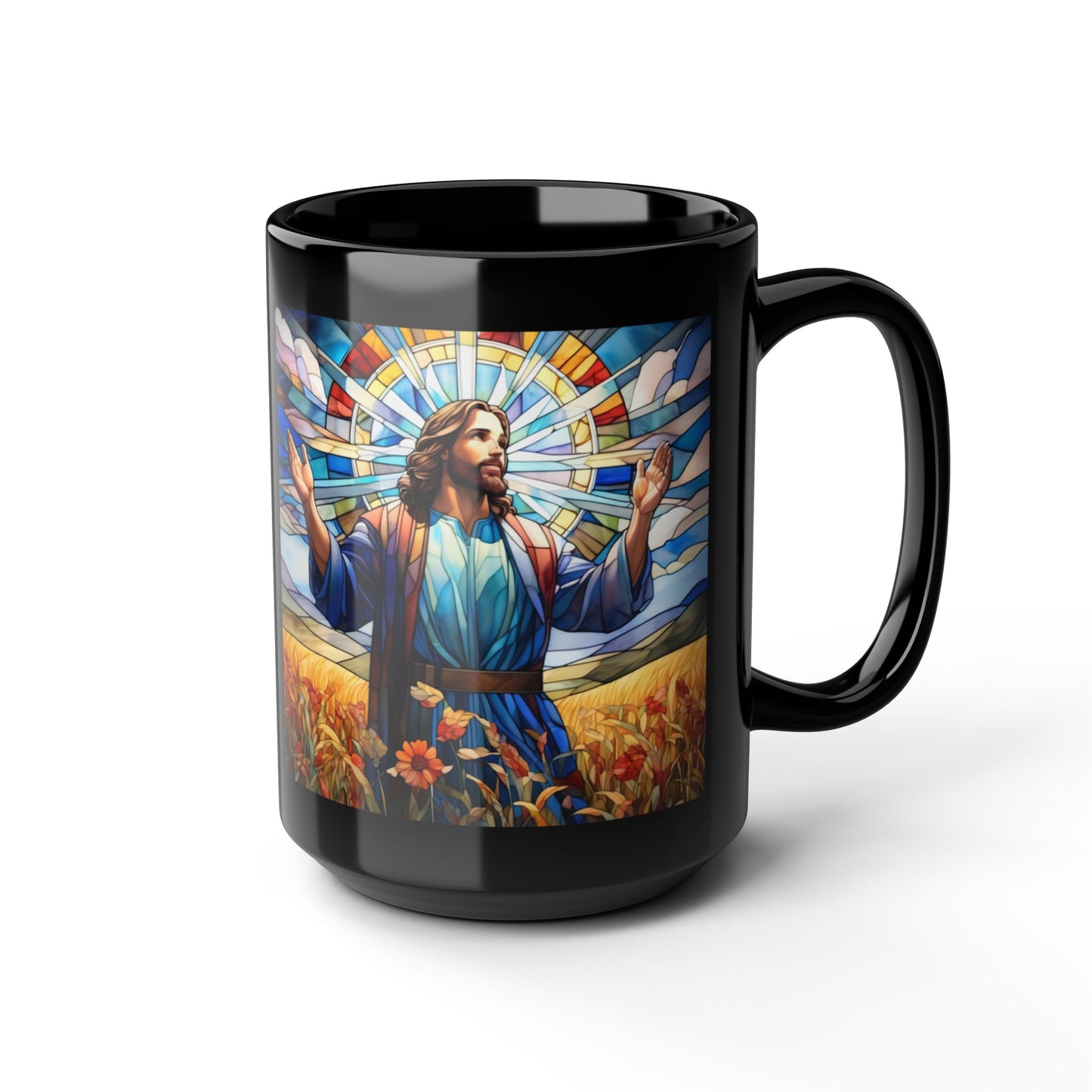 JESUS COFFEE MUG - John 6:35, Jesus Said I AM Stained-Glass Collection, 15 oz, black