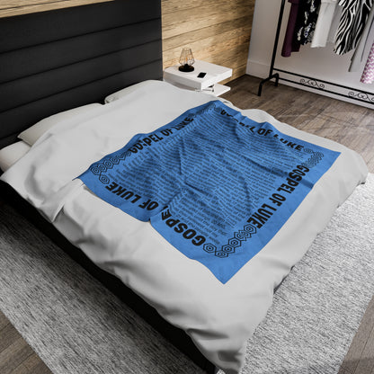 Gospel Plush Blanket, in Sky Blue Color, with Gospel of Luke Print, from "Four Gospels" Collection.