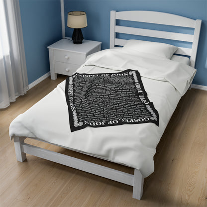 Gospel Plush Blanket, in Black Color, with Gospel of John Print, from "Four Gospels" Collection.