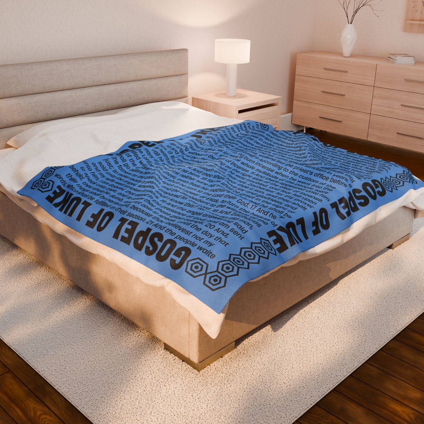 Gospel of Luke Sky Blue Velveteen Plush Blanket with Scriptures Print