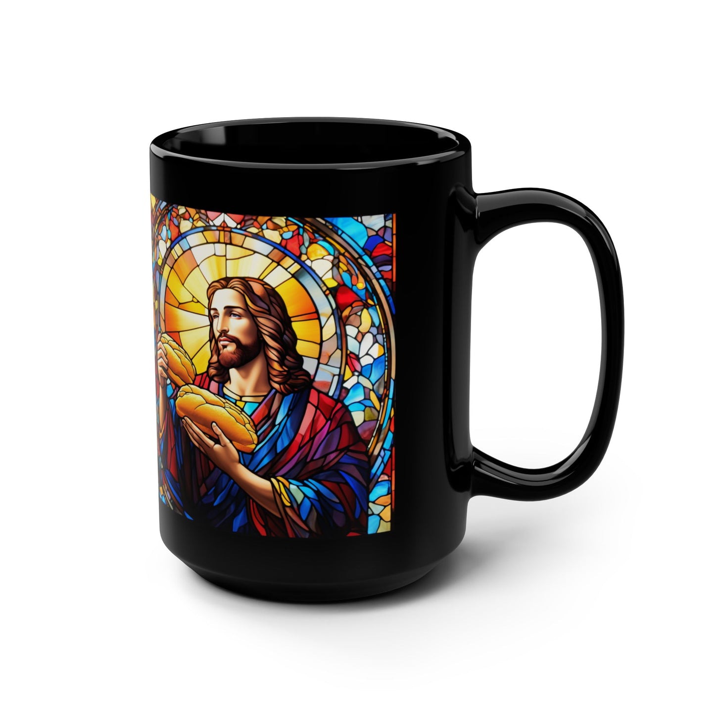 JESUS COFFEE MUG - John 6:35, Jesus Said I AM Stained-Glass Collection, 15 oz, black