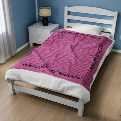 Gospel Plush Blanket, in Pink Color, with Gospel of Matthew Print, from "Four Gospel" Collection.