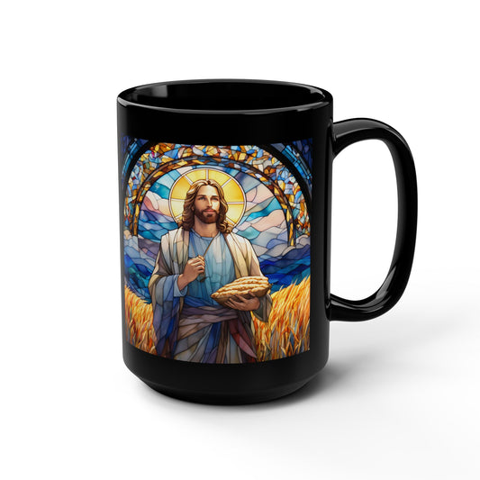 JESUS COFFEE MUG - John 6:35, Jesus Said I AM Stained-Glass Collection, 15 oz, black