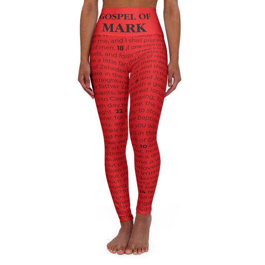 Luxury High Waisted Leggings for Prayer and Meditation, Running, or Exercise, in Red Color, with Gospel of Mark Print, from "Four Gospels" Collection.