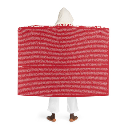 Biblical Hooded Sherpa Blanket, in Dark Red Color, with Gospel of Mark Print, from "Four Gospels" Collection.