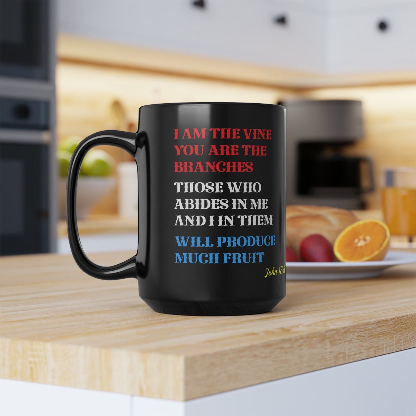 JESUS COFFEE MUG - John 15:5, Jesus Said I AM Stained-Glass Collection, 15 oz, black