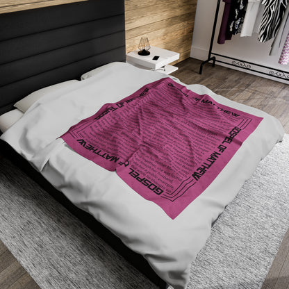 Gospel Plush Blanket, in Pink Color, with Gospel of Matthew Print, from "Four Gospel" Collection.