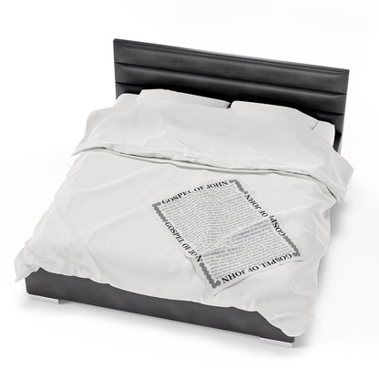 Gospel Plush Blanket, in White Color, with Gospel of John Print, from "Four Gospels" Collection.