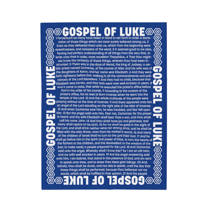 Gospel Plush Blanket, in Blue Color, with Gospel of Luke Print, from "Four Gospels" Collection.