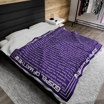 Gospel Plush Blanket, in Purple Color, with Gospel of Mathew Print, from "Four Gospels" Collection.