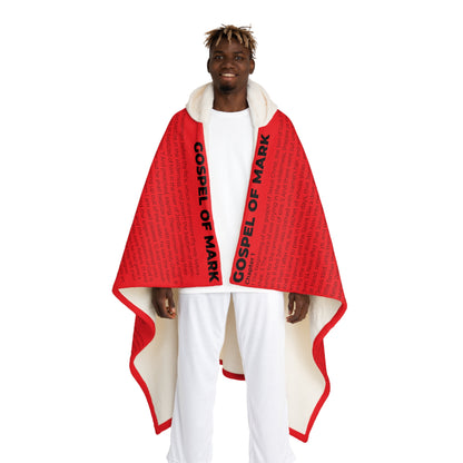 Biblical Hooded Sherpa Blanket, in Red Color, with Gospel of Mark Print, from "Four Gospels" Collection.