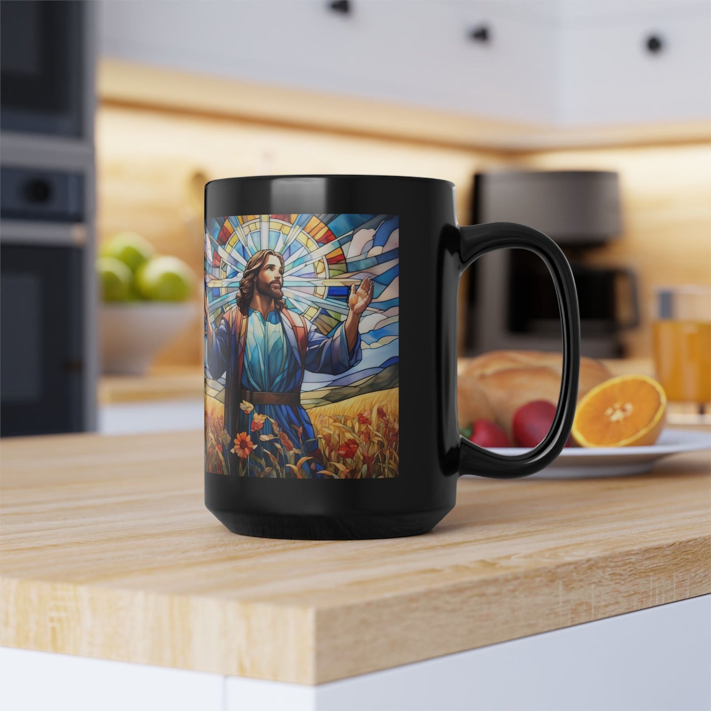 JESUS COFFEE MUG - John 6:35, Jesus Said I AM Stained-Glass Collection, 15 oz, black