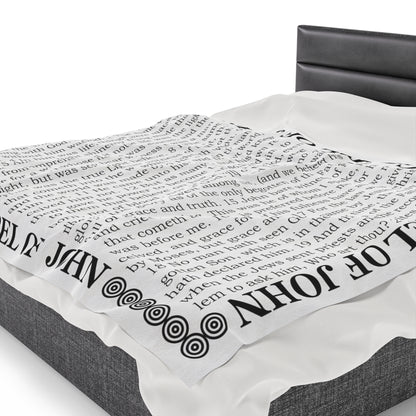 Gospel Plush Blanket, in White Color, with Gospel of John Print, from "Four Gospels" Collection.