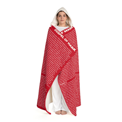 Biblical Hooded Sherpa Blanket, in Dark Red Color, with Gospel of Mark Print, from "Four Gospels" Collection.