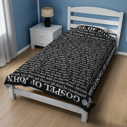 Gospel Plush Blanket, in Black Color, with Gospel of John Print, from "Four Gospels" Collection.