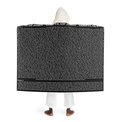 Biblical Hooded Sherpa Fleece Blanket, in Black Color, with Gospel of John Print, from "Four Gospels" Collection.