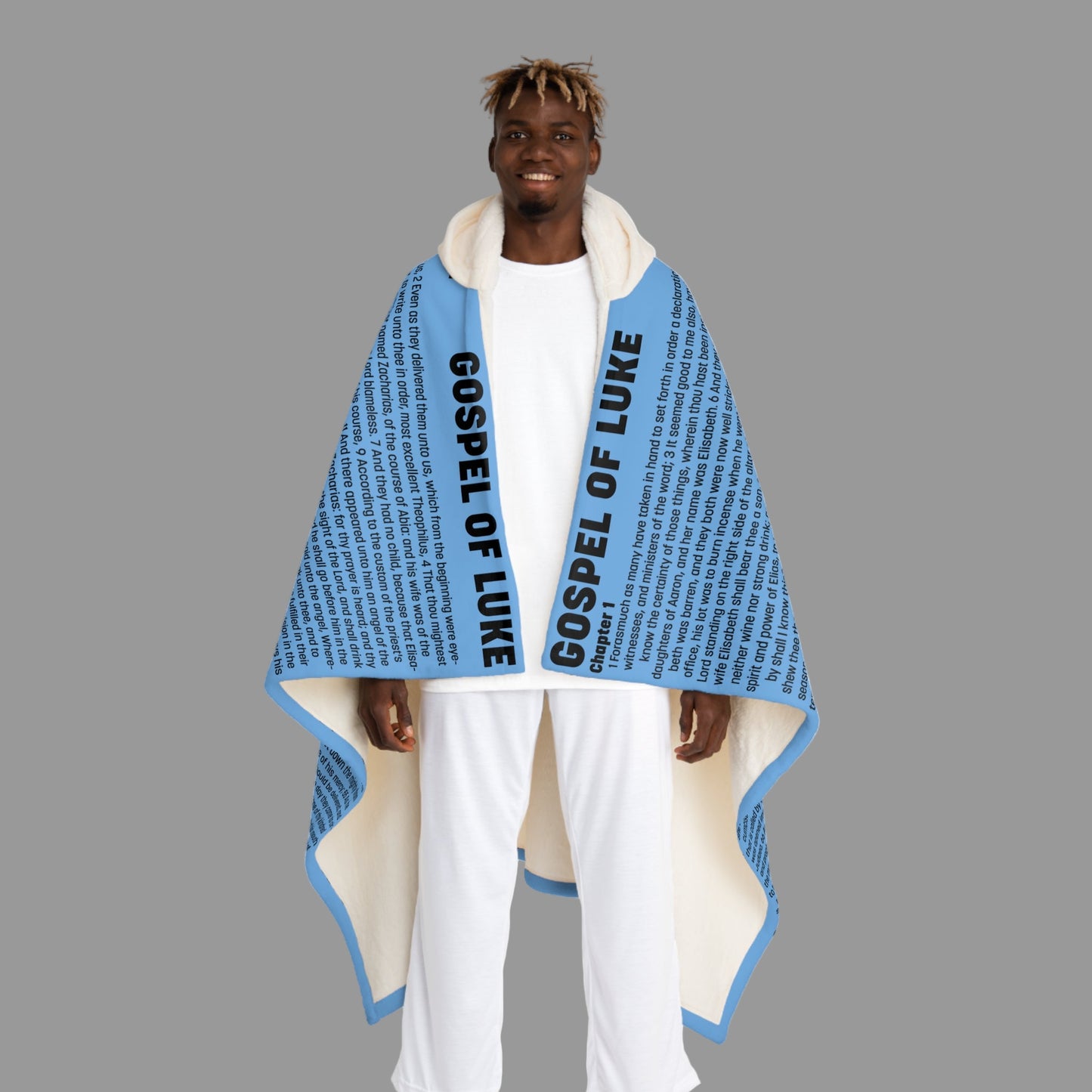 Gospel of Luke Hooded Sherpa Blanket – Sky Blue