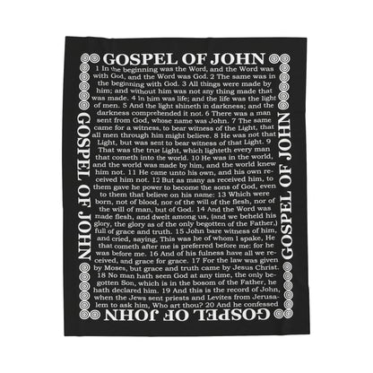 Gospel Plush Blanket, in Black Color, with Gospel of John Print, from "Four Gospels" Collection.