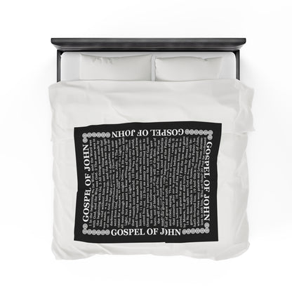 Gospel Plush Blanket, in Black Color, with Gospel of John Print, from "Four Gospels" Collection.